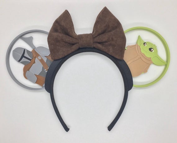 Universal Minnie Ears Baby Yoda Ears Mouse Ears Galaxy's Edge | Disney Dual Satin Bow with Emblem Star Wars Mandalorian Ears