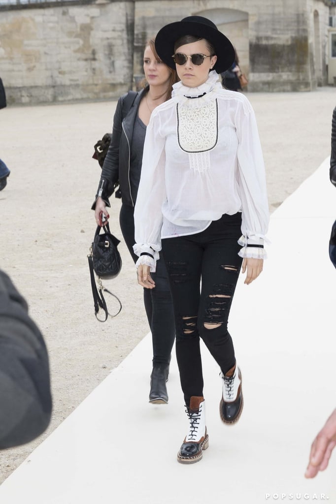 Cara Delevingne made her way to the Tuesday Valentino show at Paris Fashion Week.
