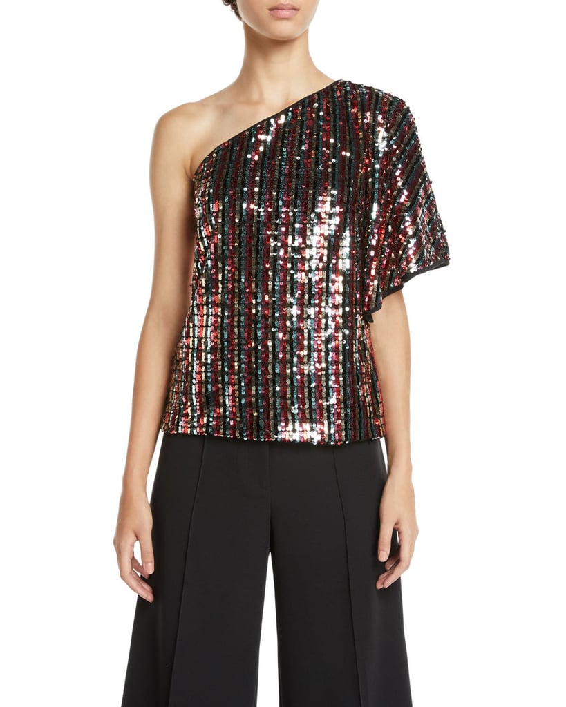 Milly One-Shoulder Butterfly-Sleeve Striped Sequin Top