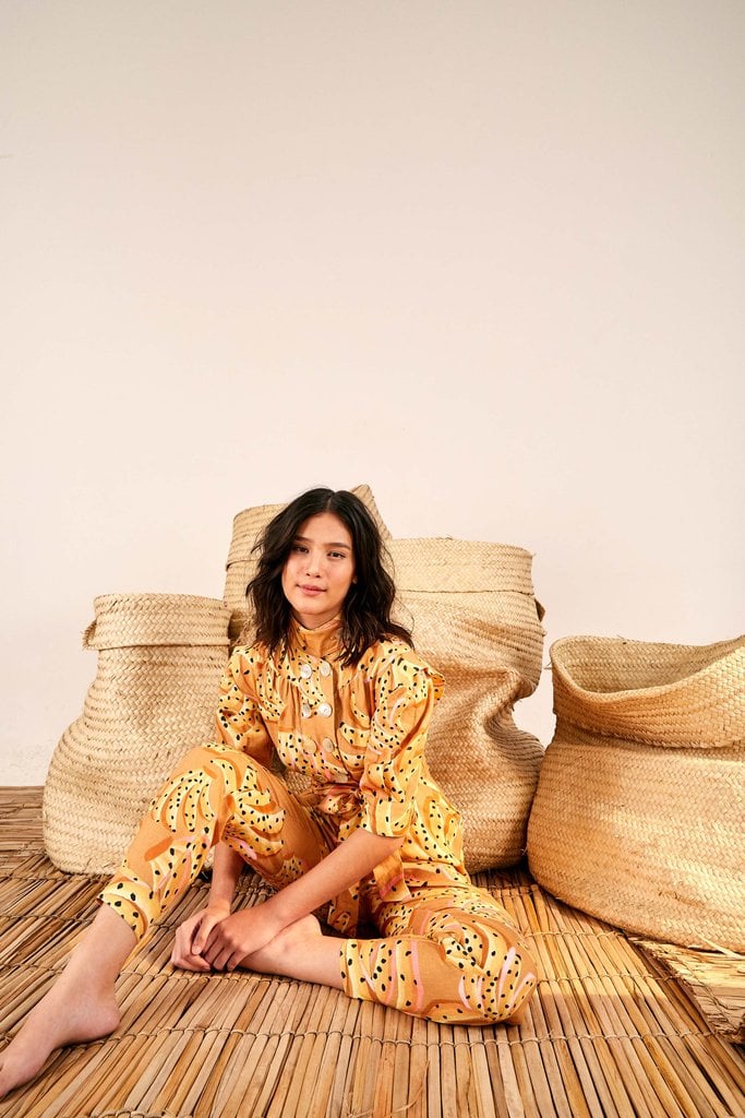 Farm Rio Caramel Raining Bananas Puff Sleeves Jumpsuit