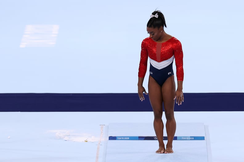 TOKYO, JAPAN - JULY 27: Simone Biles of Team United States competes on vault during the Women's Team Final on day four of the Tokyo 2020 Olympic Games at Ariake Gymnastics Centre on July 27, 2021 in Tokyo, Japan. (Photo by Jamie Squire/Getty Images)