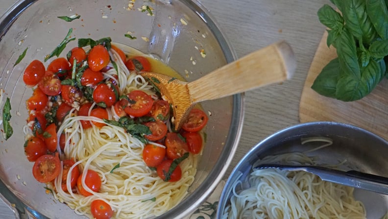 ina garten summer pasta recipe: mixing the pasta