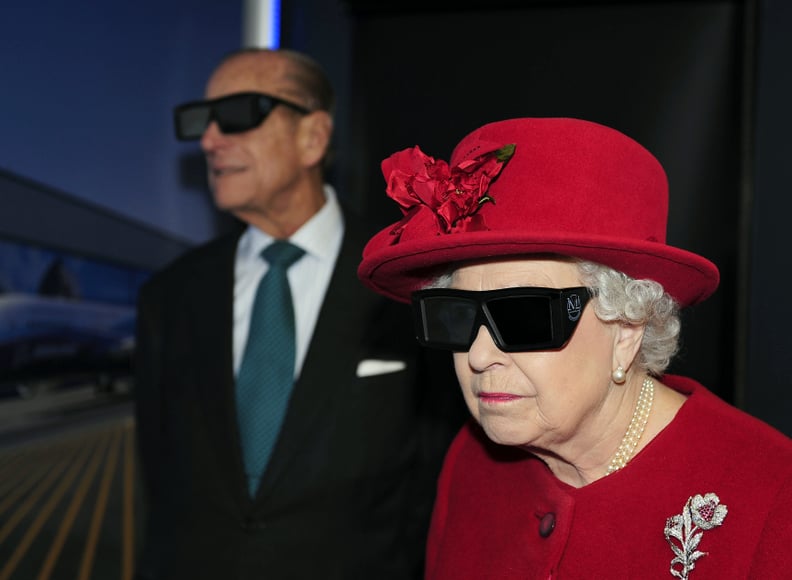 Queen Elizabeth II wears 3D glasses at the University of Sheffield Advanced Manufacturing Research Center in 2010.