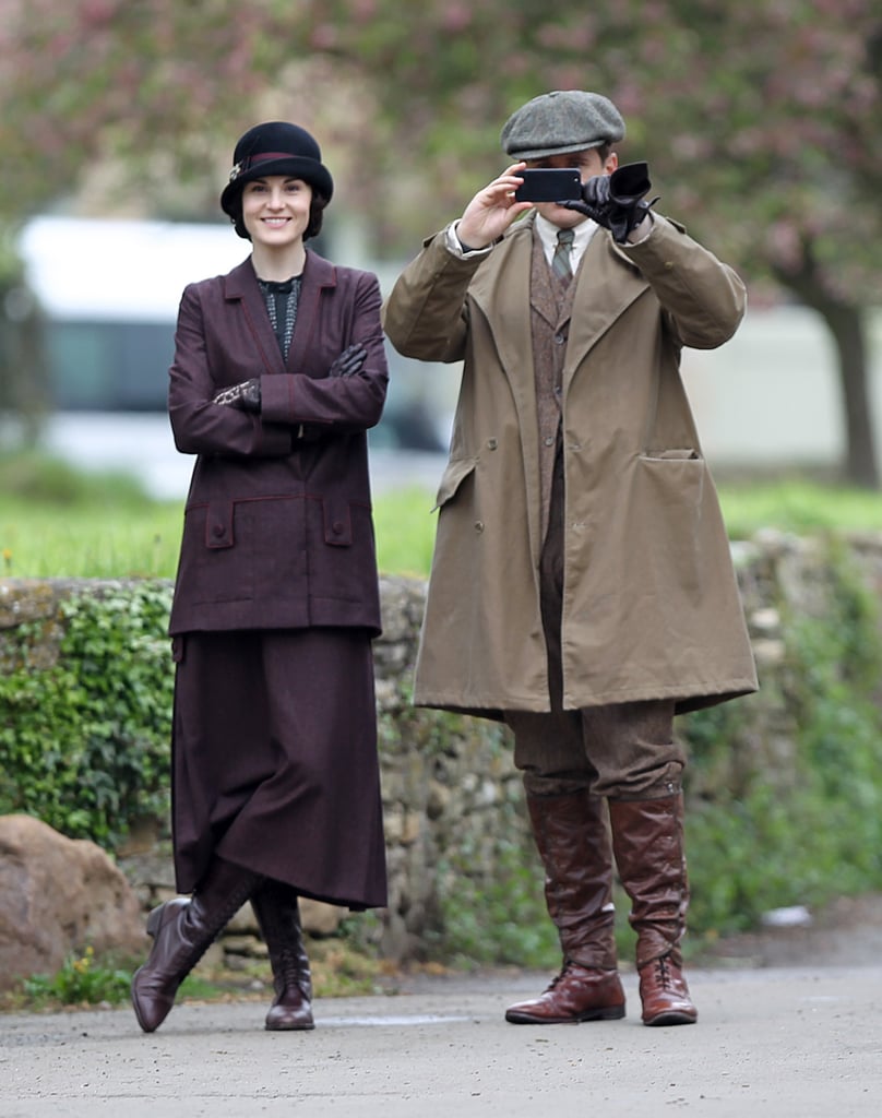 Michelle Dockery and Allen Leech filmed scenes for the upcoming season of Downton Abbey in London on Thursday.