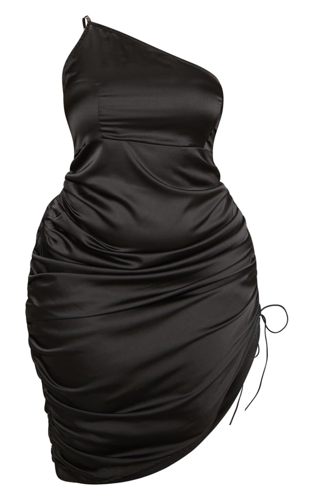 Black Satin Lace Up Side One Shoulder Midi Dress
