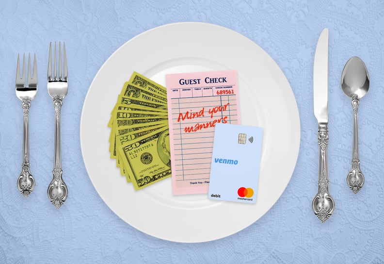 Designed image of a plate with cash bills on it, a Venmo credit card, and utensils beside the plate