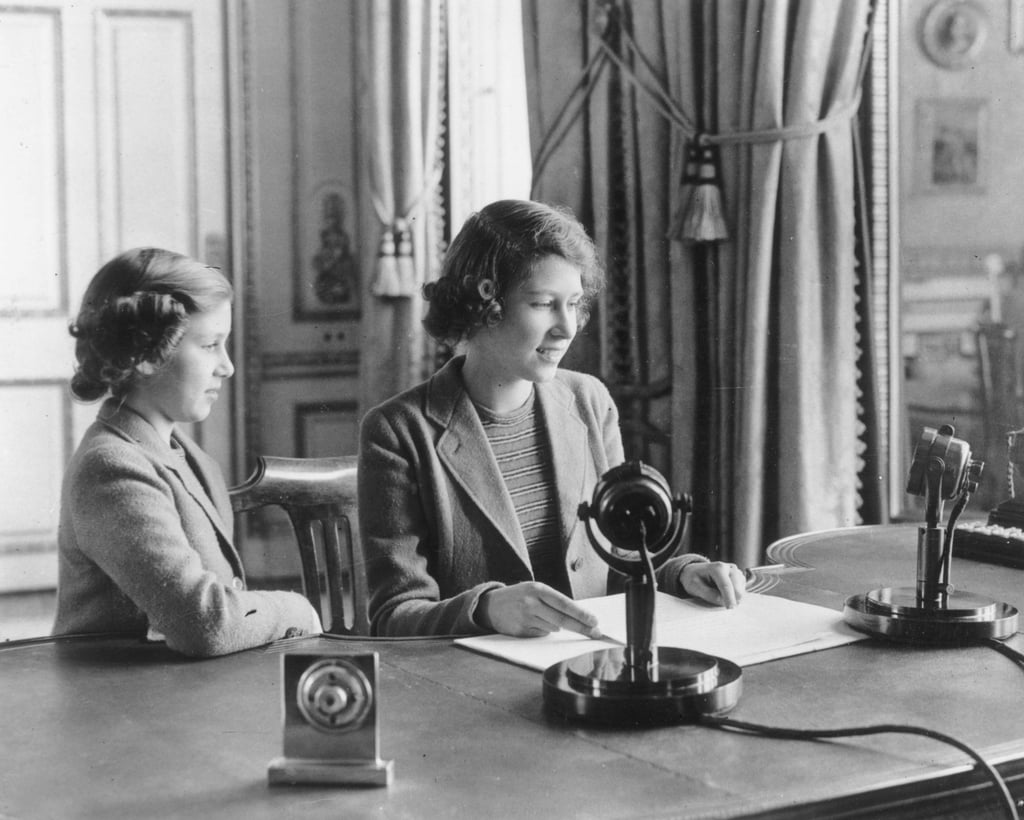 Elizabeth let her younger sister say a few words during her first public broadcast in 1940.
