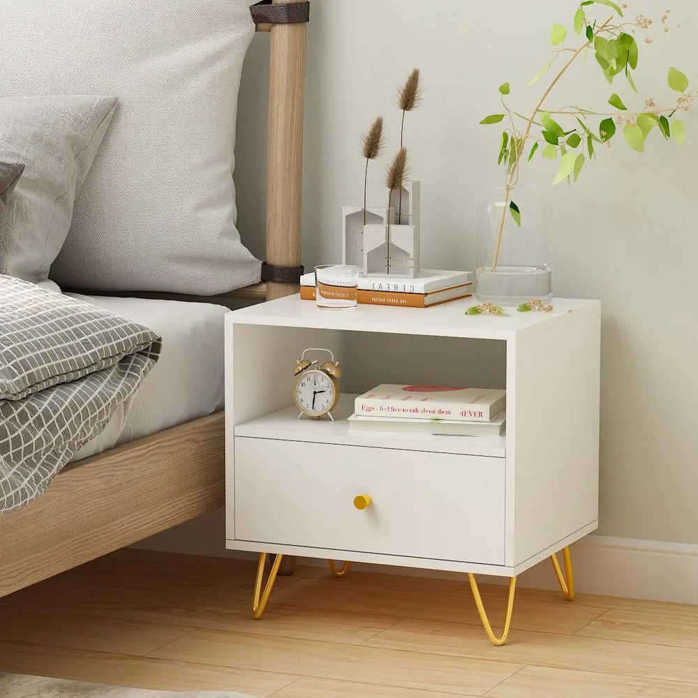 An Affordable Nightstand: Fufu & Gaga 1-Drawer White Nightstand with Metal Legs