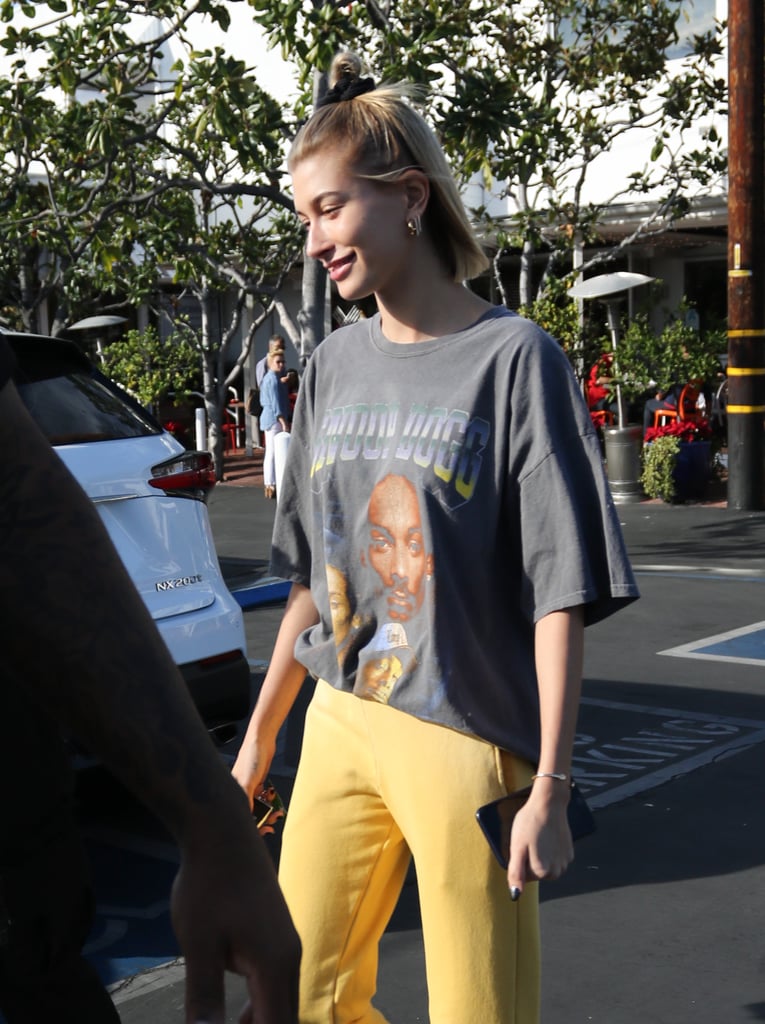 Hailey Baldwin Snoop Dogg Shirt and Yellow Sweatpants
