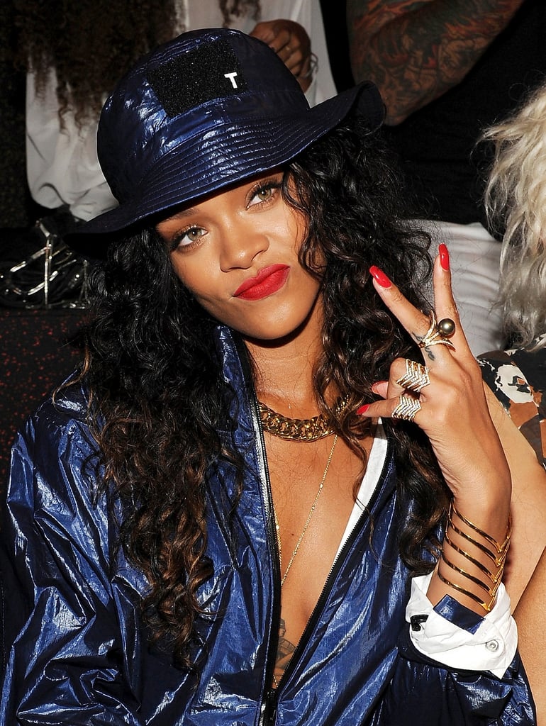 Rihanna was in good spirits at the Alexander Wang show on Saturday.