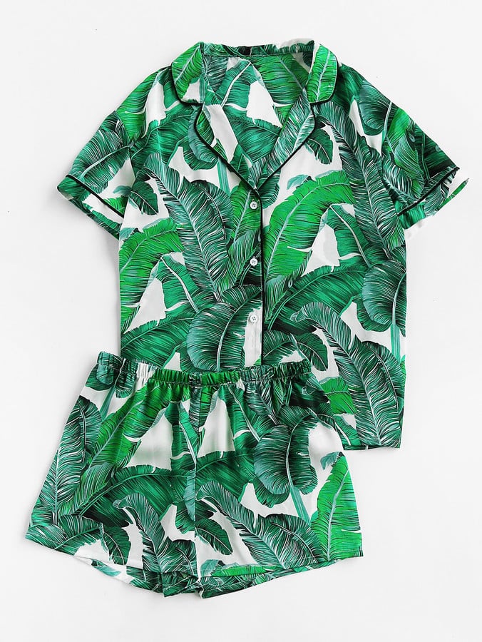 Shein Palm Leaf Print Revere Collar Pajama Set