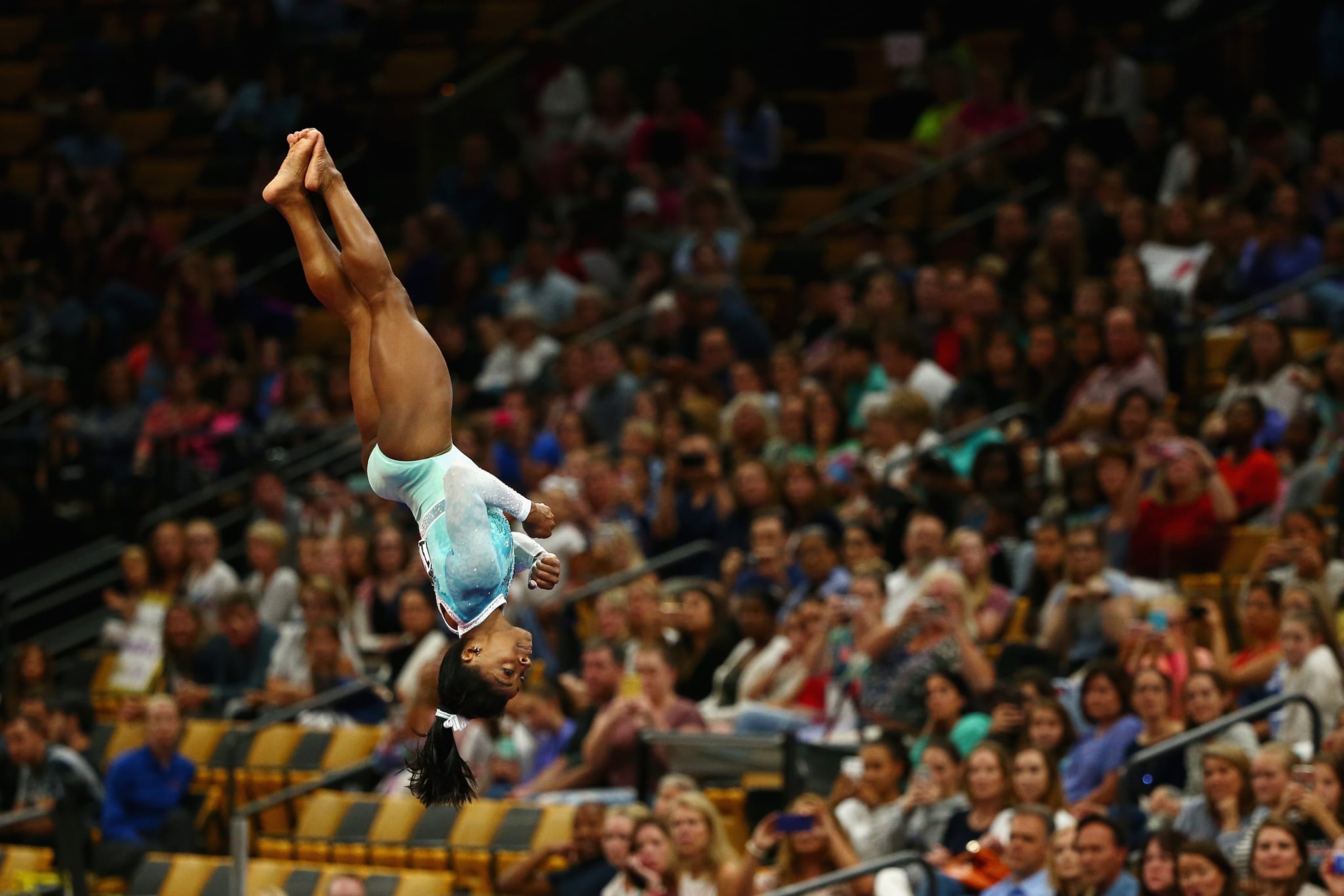 BOSTON, MA - AUGUST 19:  Simone Biles competes on the vault during day four of the U.S. Gymnastics Championships 2018 at TD Garden on August 19, 2018 in Boston, Massachusetts.  (Photo by Tim Bradbury/Getty Images)