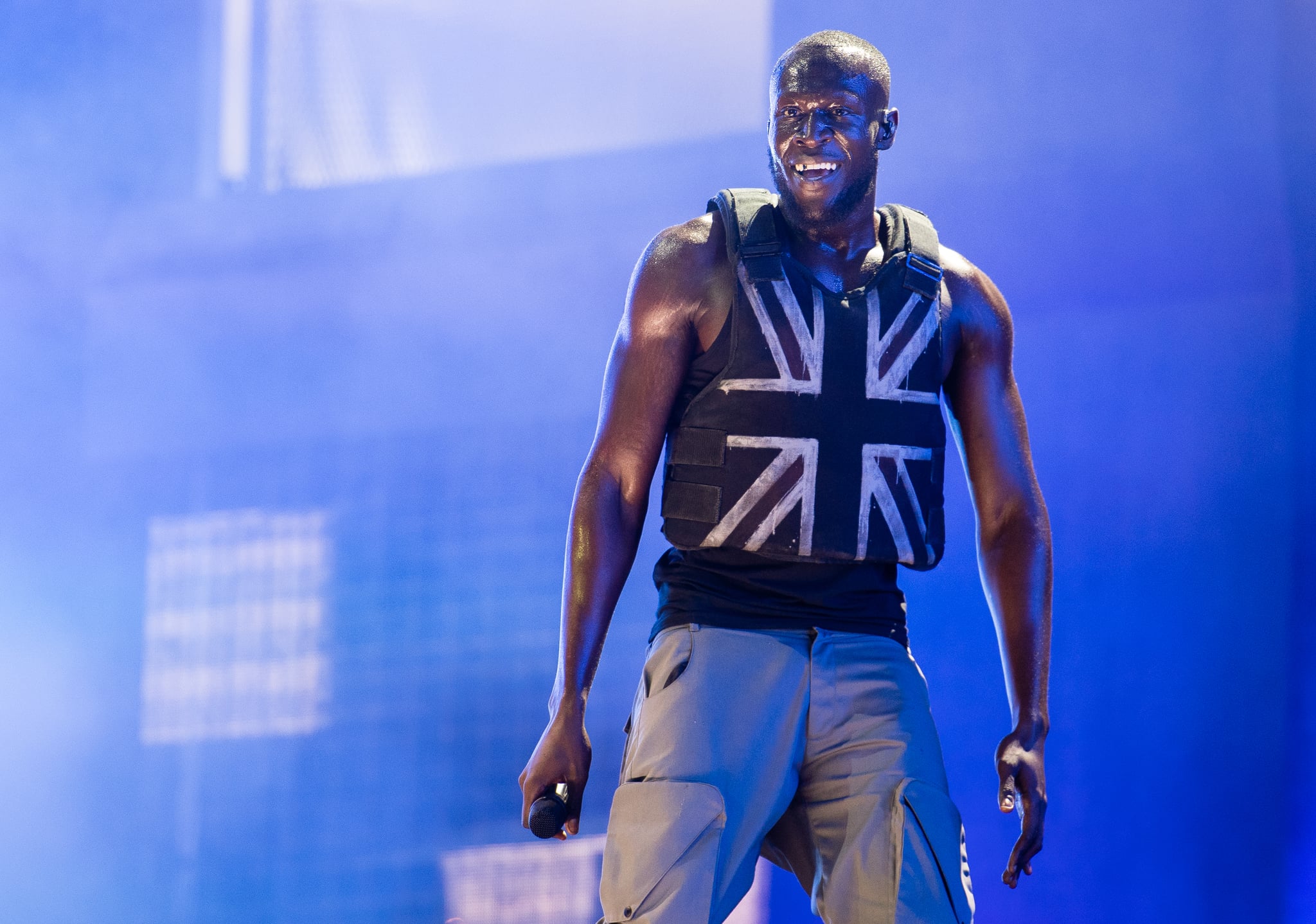 GLASTONBURY, ENGLAND - JUNE 28: Stormzy headlines the Pyramid Stage on day three of Glastonbury Festival at Worthy Farm, Pilton on June 28, 2019 in Glastonbury, England. (Photo by Samir Hussein/WireImage)