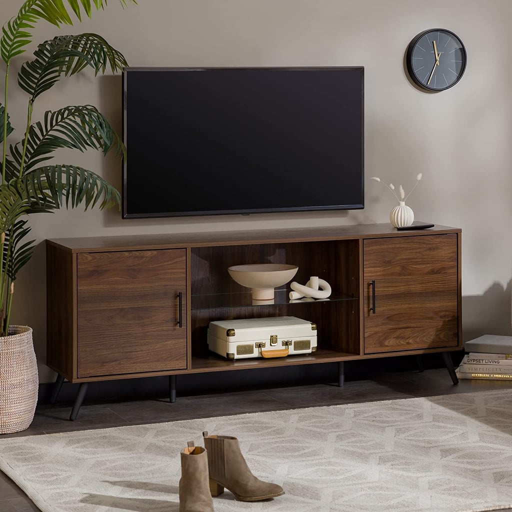 Furniture: Walker Edison Saxon Mid Century Modern Glass Shelf TV Stand