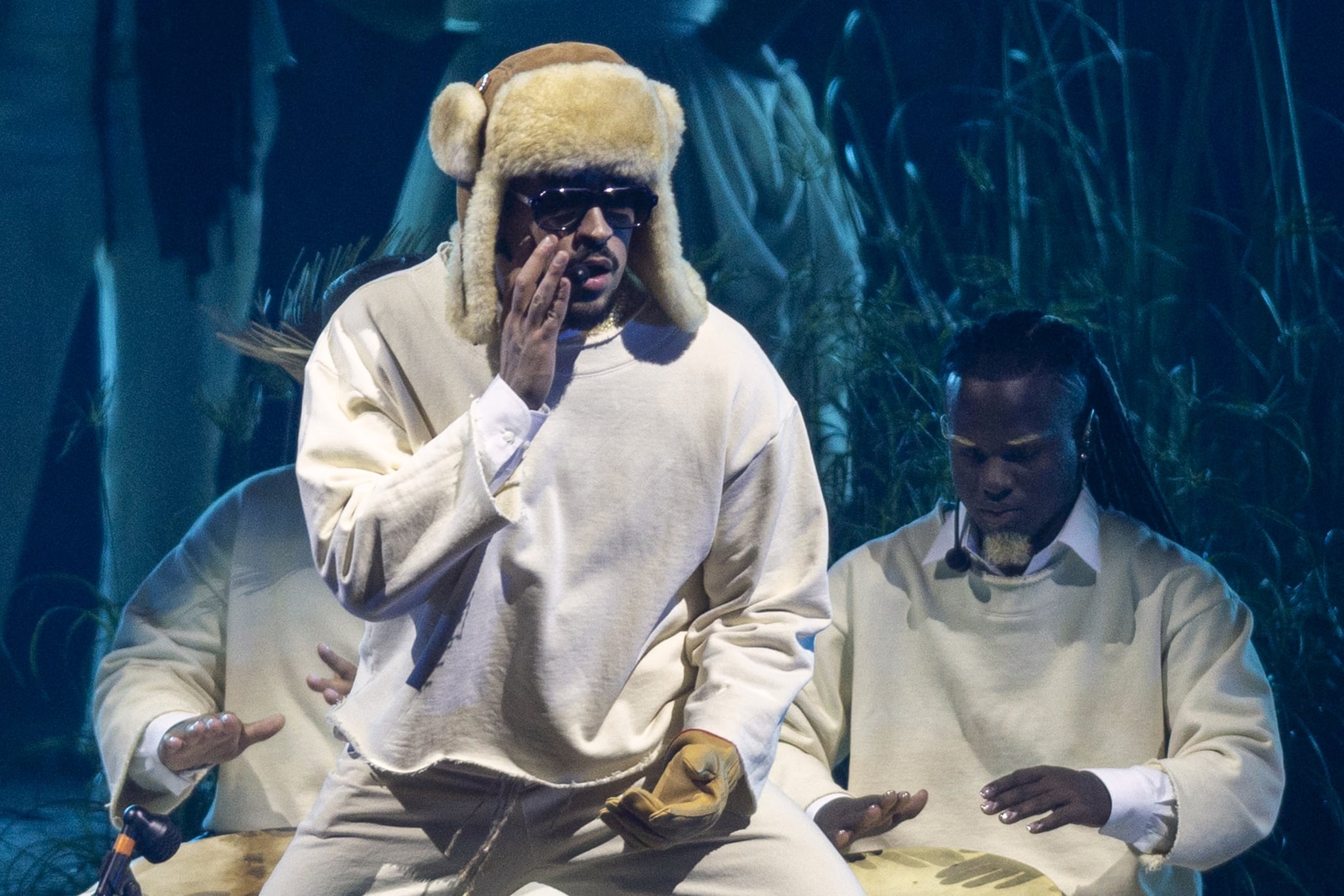 Puerto Rican singer Bad Bunny performs onstage during the first show of his 30-date concert residency at the Coliseo de Puerto Rico in San Juan, Puerto Rico, on July 11, 2025. (Photo by Ricardo ARDUENGO / AFP) (Photo by RICARDO ARDUENGO/AFP via Getty Images)