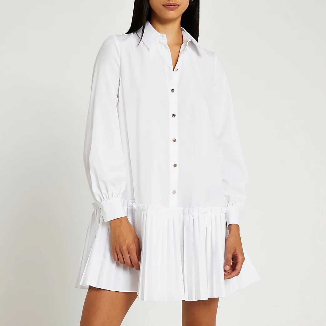 White Pleated Hem Shirt Dress ...