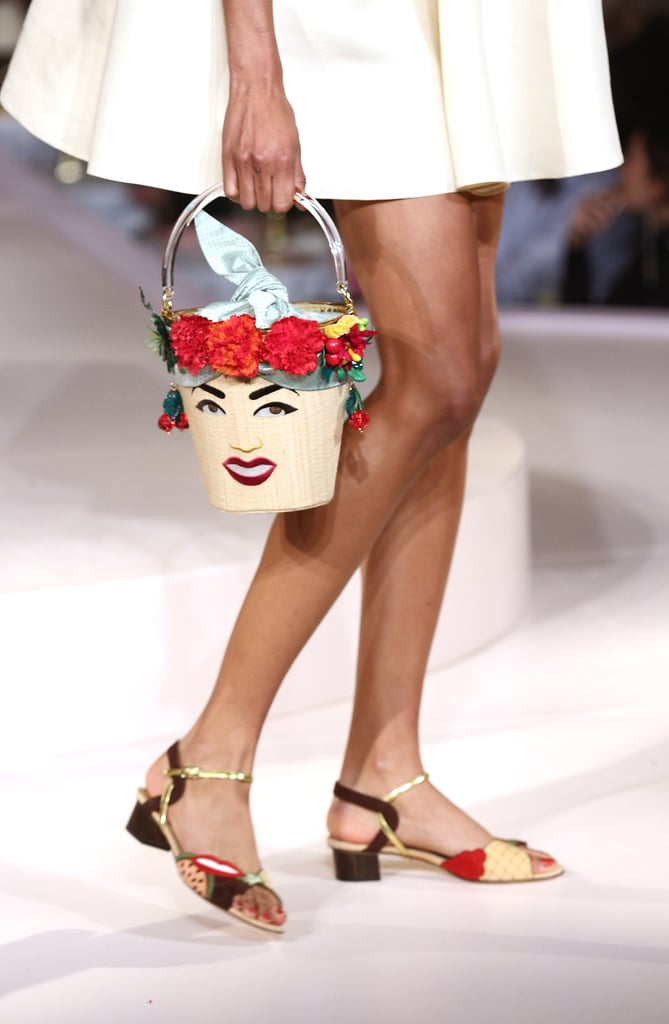 Kitschy, carnival-queen bucket bags with matching sandals.