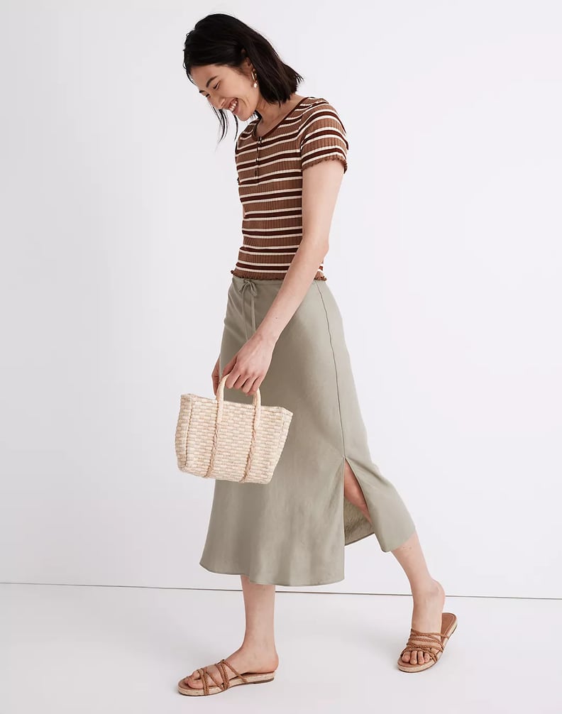 Linen-Blend Drawstring Midi Slip Skirt