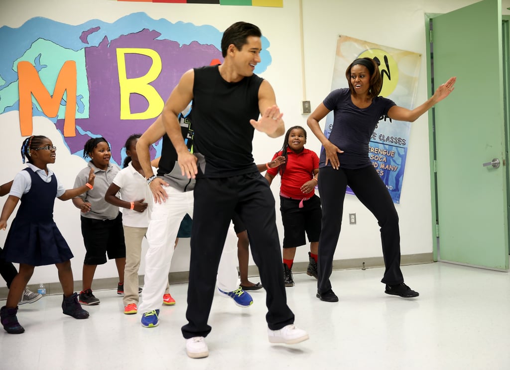 When she did Zumba with Mario Lopez and young girls, confirming exercise can be fun