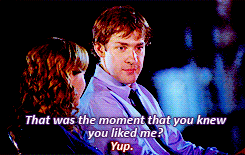 As they're looking back on their relationship, Pam tells Jim when he caught her attention.
Pam: "You came up to my desk and you said, 'This might sound weird, and there's no reason for me to know this, but that mixed berry yogurt you're about to eat is expired.'"
Jim: "That was the moment that you knew you liked me."
Pam: "Yup."
Jim: "Wow. Can we make it a different moment?"
Pam: "Nope."
