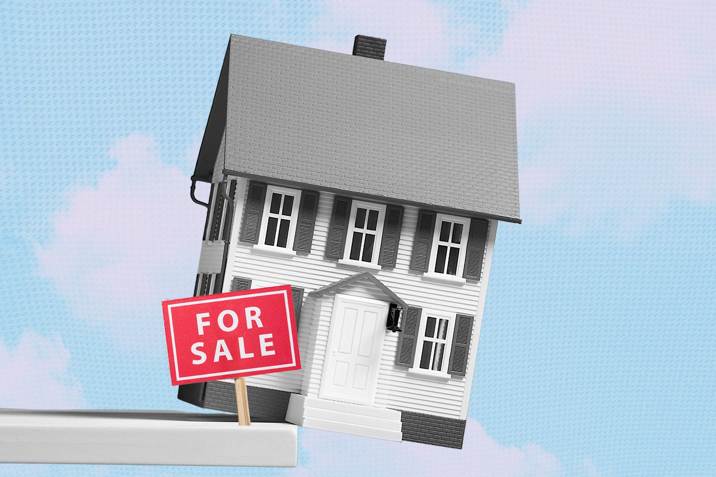 A house with a for-sale sign in front collaged over cotton candy colored sky.