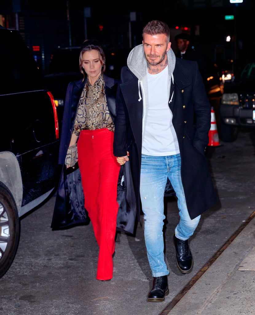 Victoria Beckham Red Pants and Snakeskin Blouse January 2019