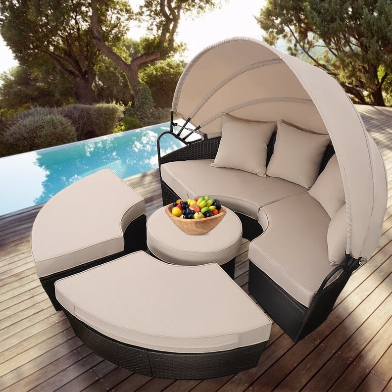 Costway Outdoor Rattan Patio Sofa Furniture Round Retractable Canopy Daybed