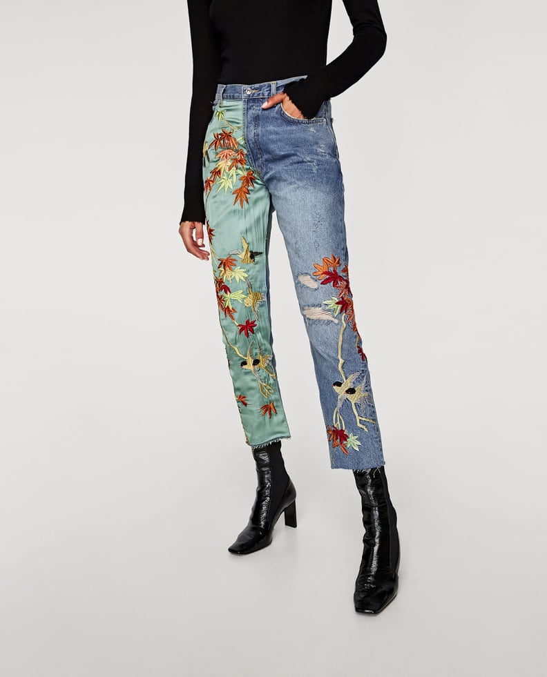 Zara The High Waist Jeans With Satin Embroidery
