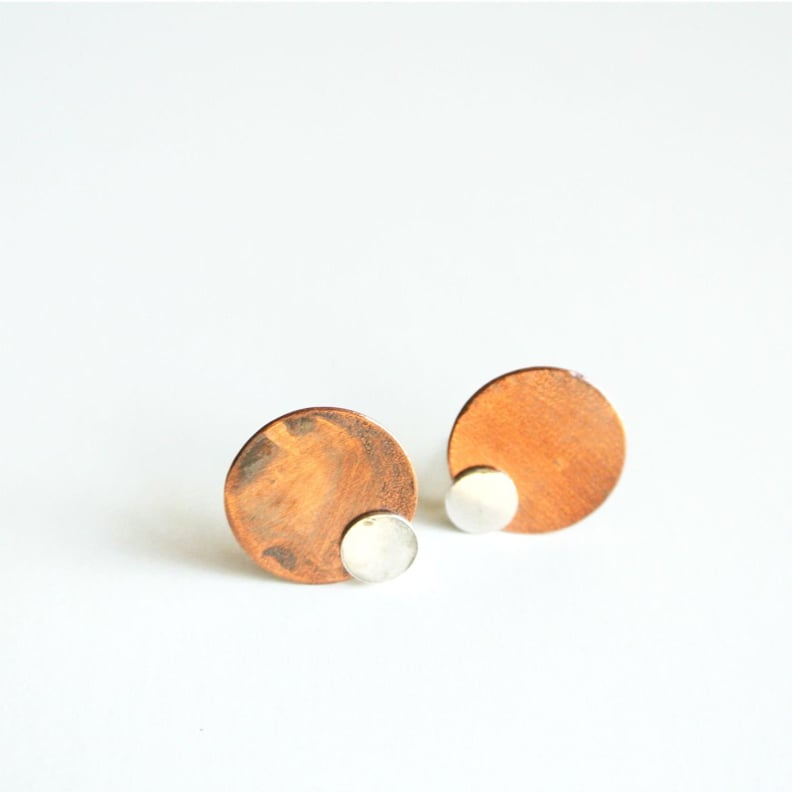 Oxidized Copper and Sterling Silver Disc Stud Ear Jacket Earrings