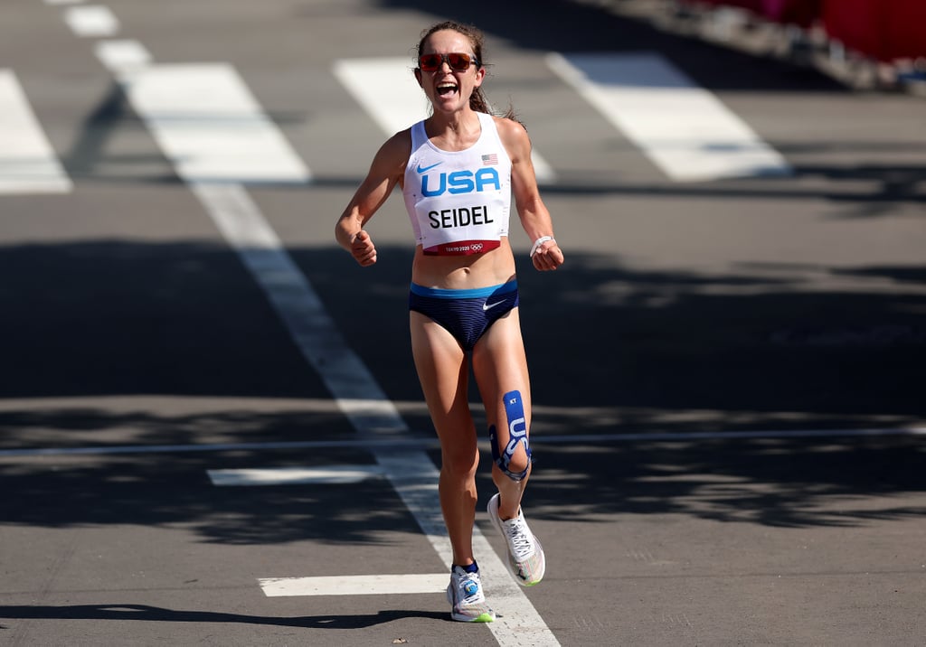 Molly Seidel celebrates winning bronze in the women's marathon at the 2021 Olympics.