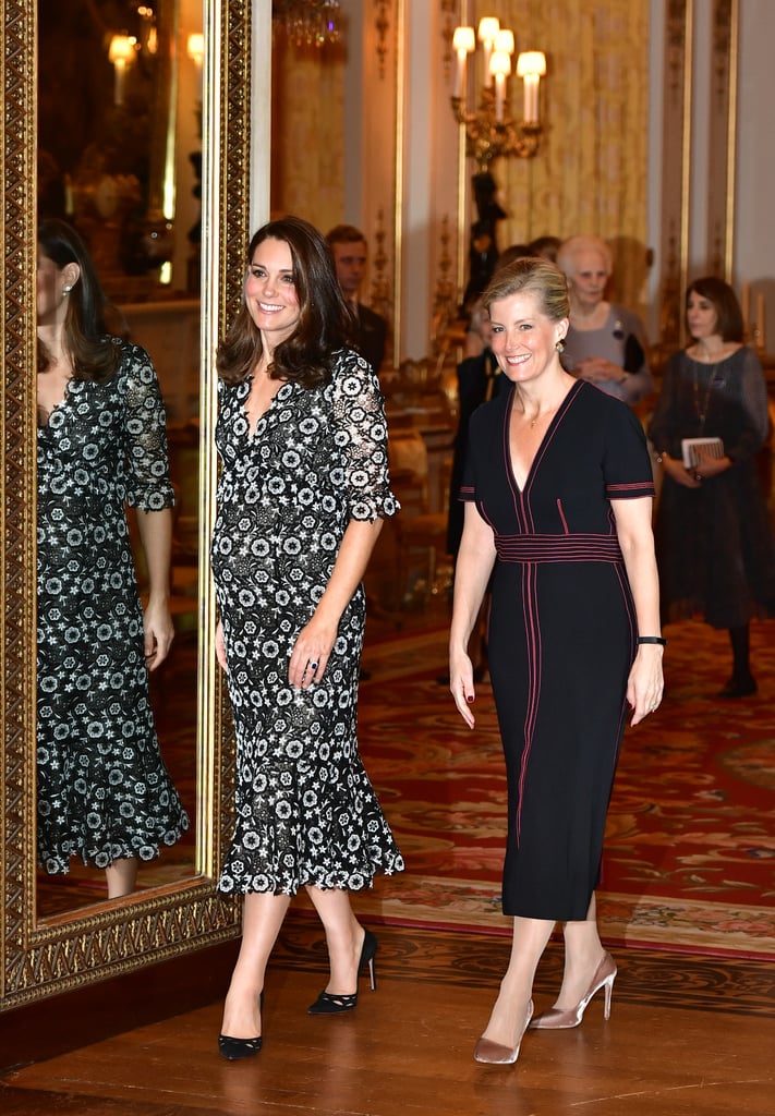 Kate attended the The Commonwealth Fashion Exchange Reception at Buckingham Palace in Feb. 2018. She wore a gorgeous bespoke design by Erdem, suede Prada pumps, and Anita Dongre pearl earrings.