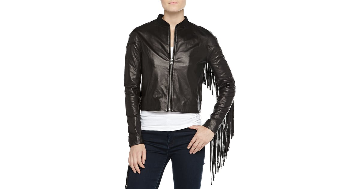 Bagatelle FringeTrim Leather Bomber Jacket Black Fringe Jackets For