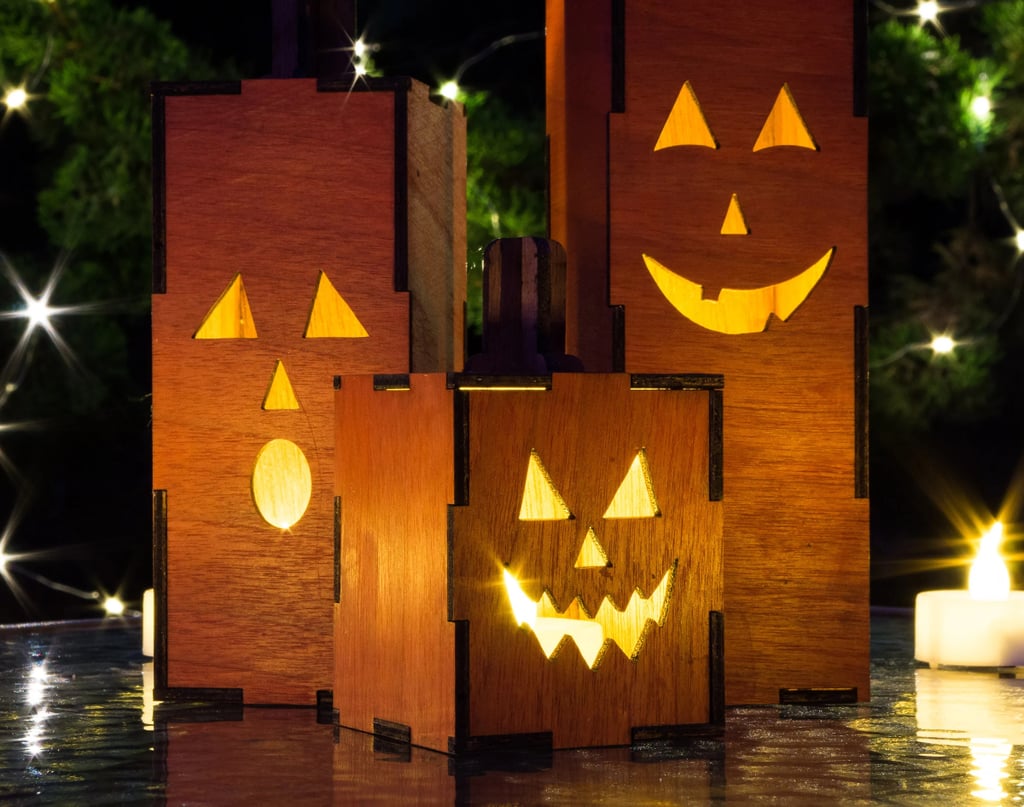 For Ambient Lighting: Light-Up Jack O Lanterns Mini Wood Pumpkins