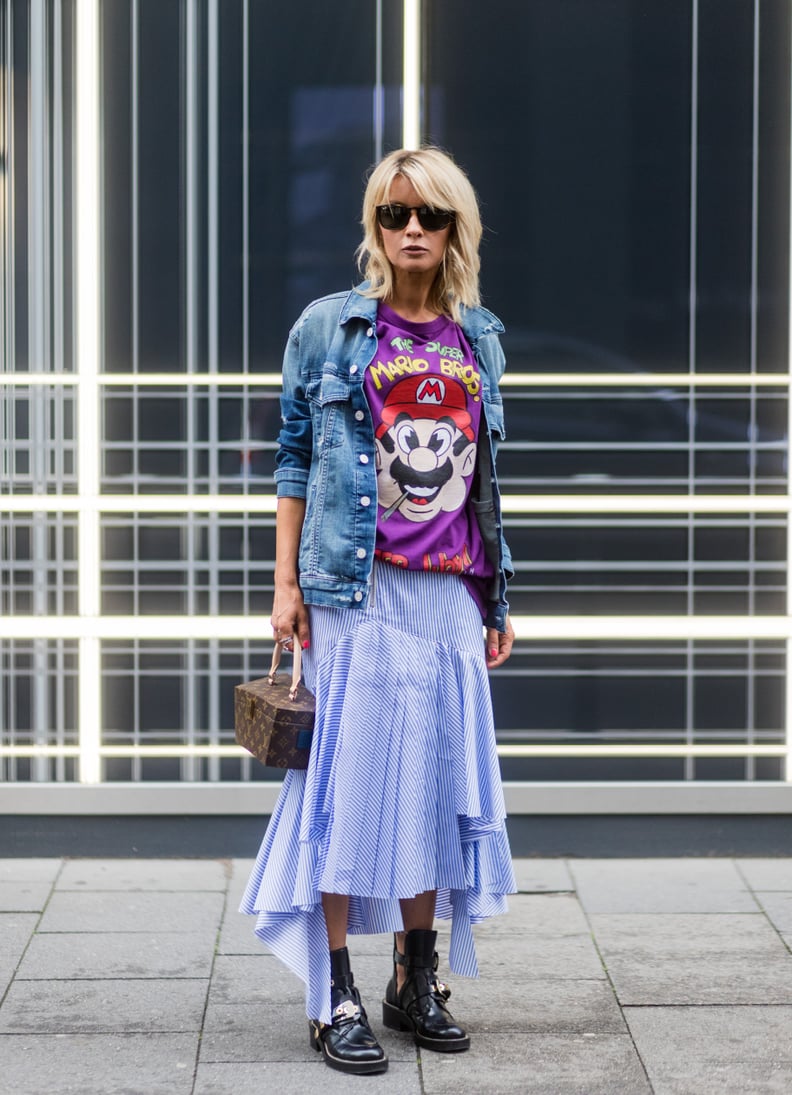 Wear a Denim Jacket With a Colorful Tee and a Long Skirt