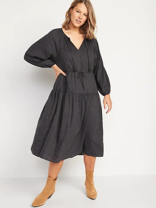 Old Navy Waist-Defined Embroidered Long-Sleeve Midi Dress