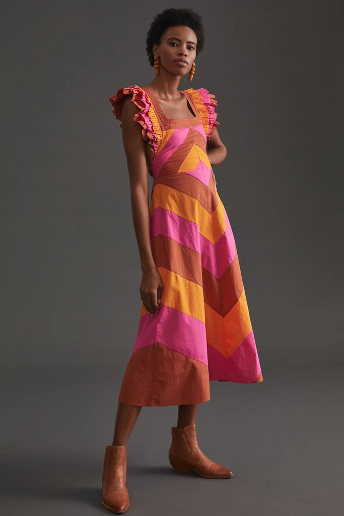 Label Ruffled Colorblocked Midi Dress ...