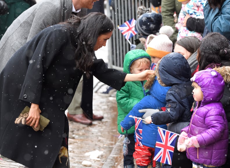 January: Meghan and Harry braved the snow to meet with kids during their visit to Bristol, England.