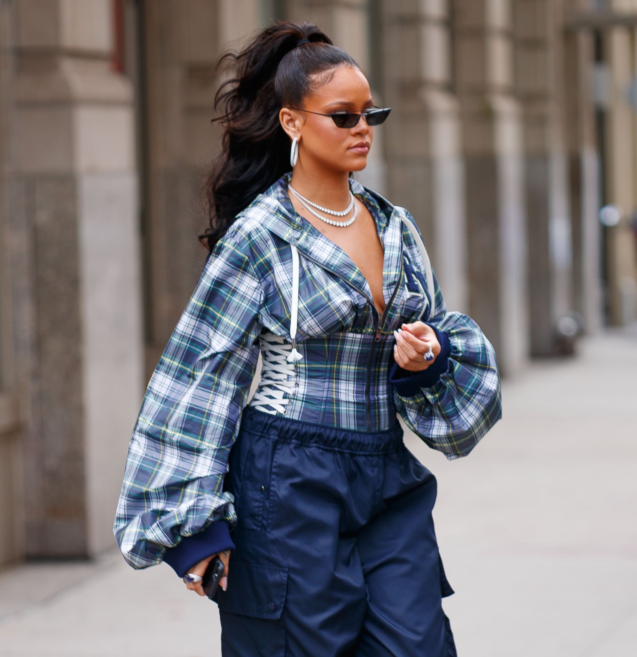 Rihanna Wearing Blue Fenty Puma Track Pants Popsugar Fashion