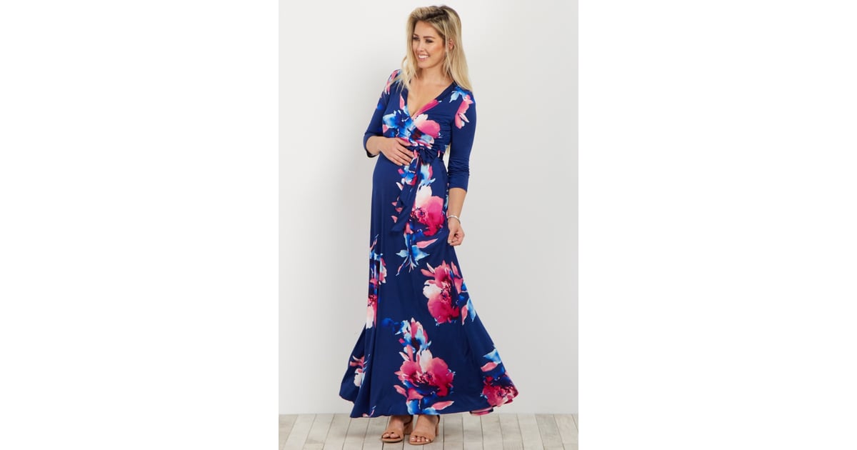 Navy Floral Abstract Wrap Maternity/Nursing Maxi Dress, These 20 Maternity  Dresses Will Make You the Most Stylish Wedding Guest