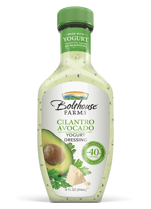 Bolthouse Farms Cilantro Avocado Yogurt Dressing With only one gram of sugar and carbs each, this dreamy yogurt dressing combines the very complementary flavors of cilantro and avocado and adds hints of Cotija cheese, poblano pepper, and garlic. It's basically a taco in salad dressing form.