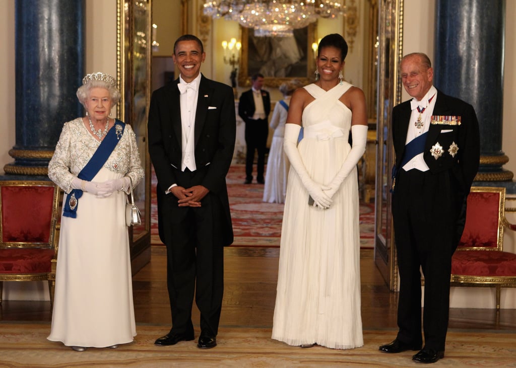 Barack, Michelle, Prince Philip, and Queen Elizabeth II looked regal at a state banquet at Buckingham Palace in 2011.