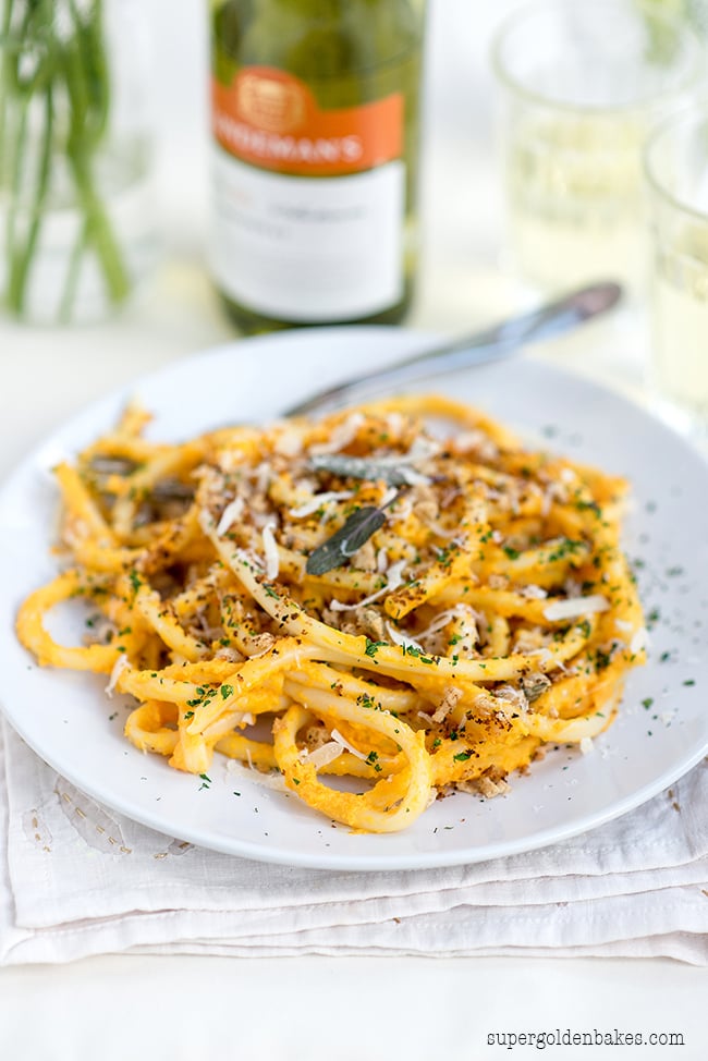 Pasta with Squash Carrot ‘Pesto’ and Garlic Breadcrumbs