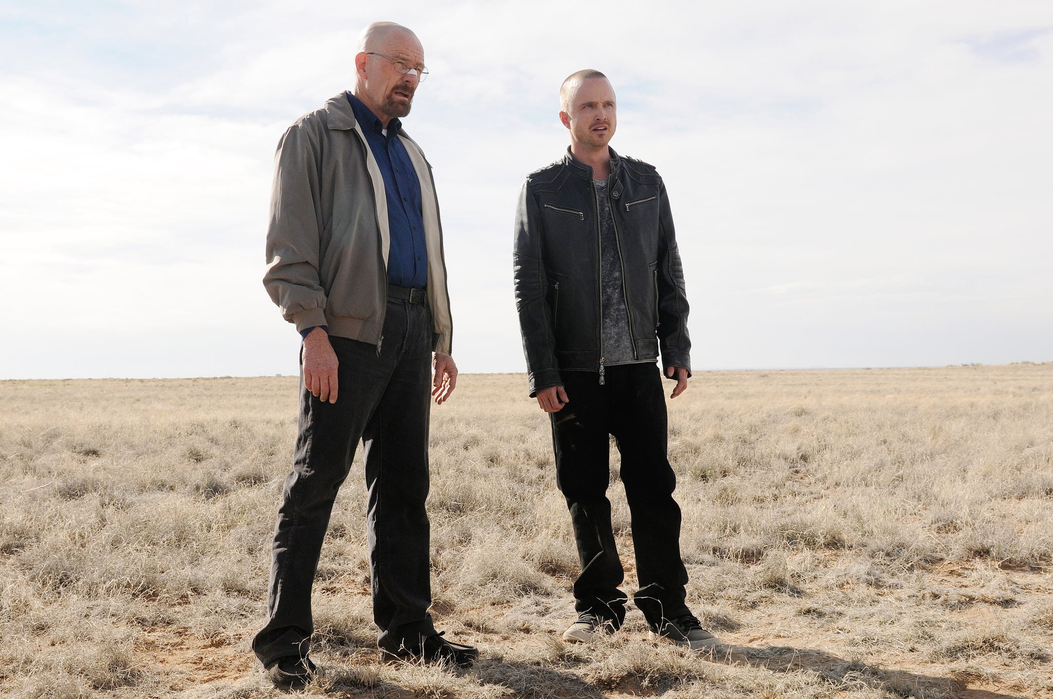 BREAKING BAD, (from left): Bryan Cranston, Aaron Paul, "Live Free or Die," (Season 5, Episode 501, aired July 15, 2012), 2008-2012. Photo: Ursula Coyote / AMC / Everett Collection with kind permission