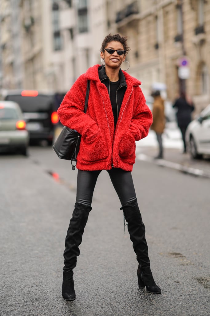 Rock a Pair of Suede Thigh-Highs With a Fuzzy Red Coat and Skinny Jeans