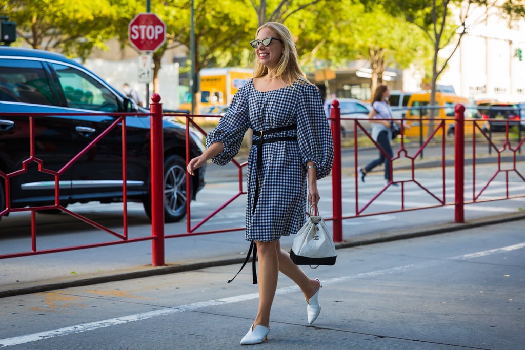 With a Gingham Bishop-Sleeved Dress and Matching Bag