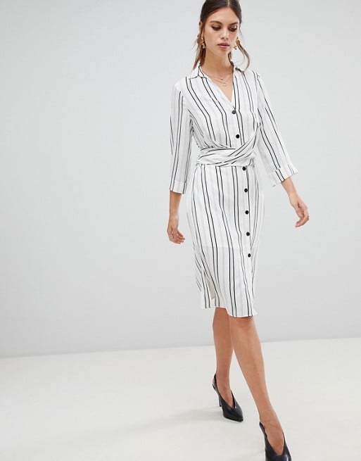 River Island Wrap Front Striped Shirt Dress in White