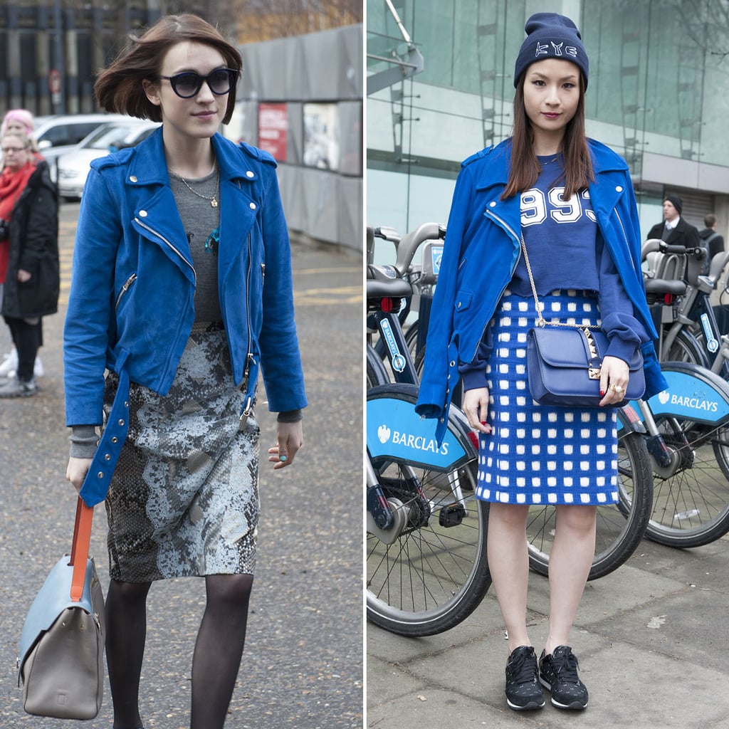 We spied Ella Catliff and another showgoer sporting the same blue suede Acne jacket.