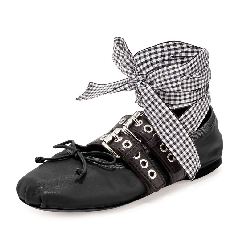Miu Miu Belted Leather Ankle-Wrap Ballerina Flats