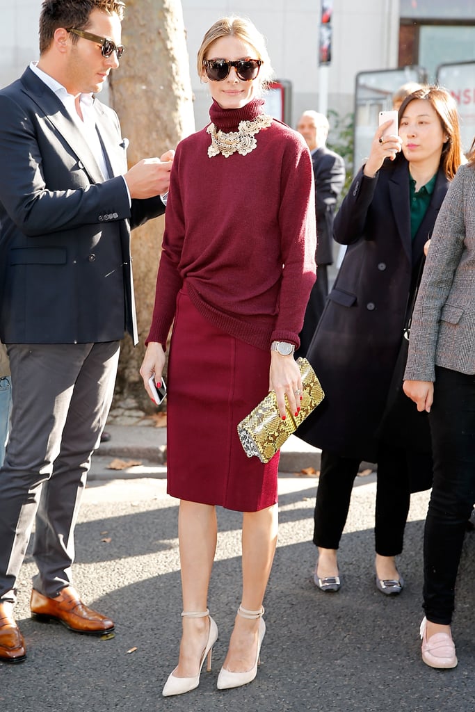 Hack: Half tuck a turtleneck into a formfitting pencil skirt to add shape. Make your look appear finished with an ornate statement choker that rests elegantly around your neckline.