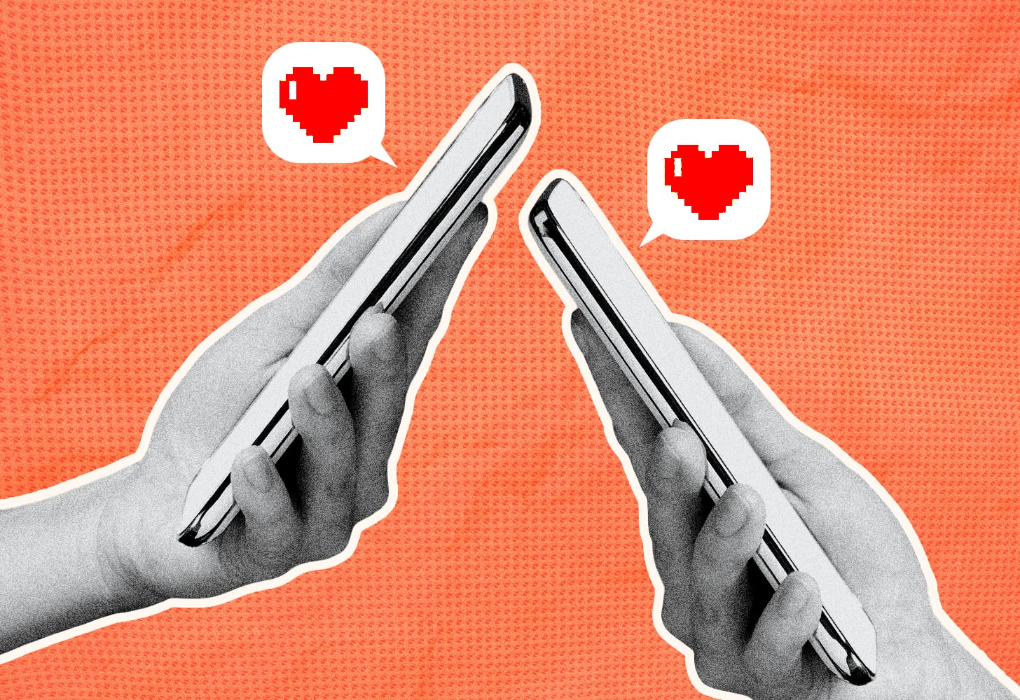 collage of two hands holding smartphones with hearts inside a speech bubble